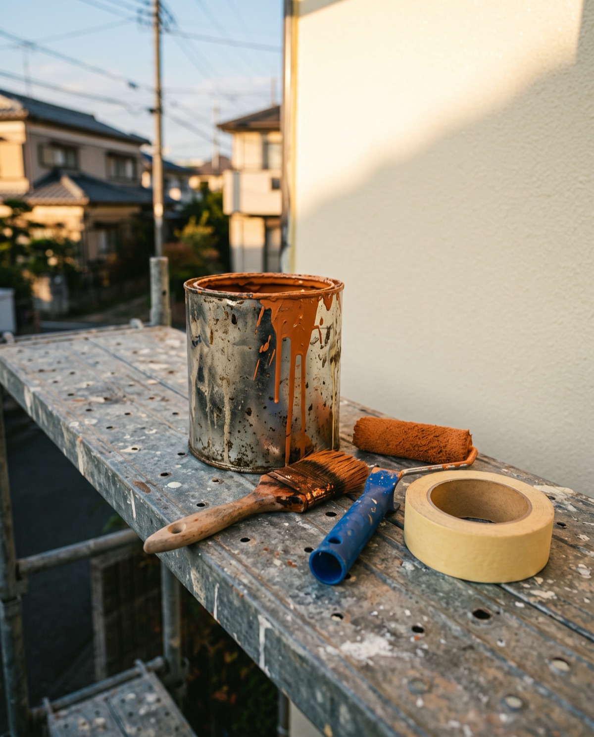足場の上に置かれた塗装道具