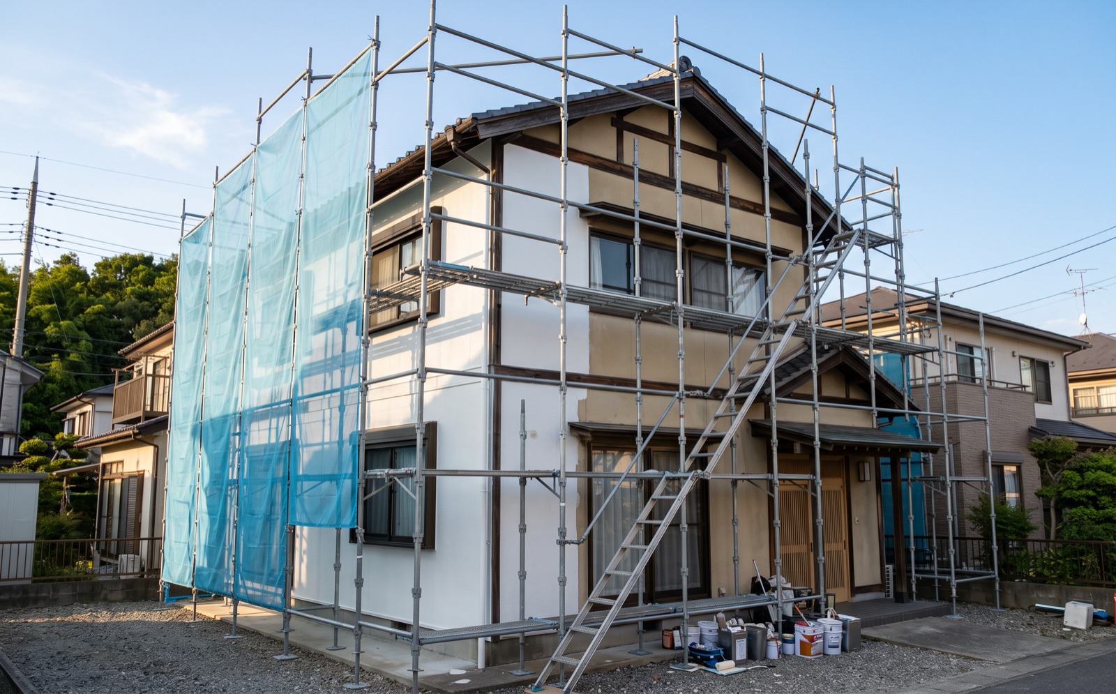 足場を組んで塗り替え中の住宅